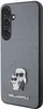 A close-up side view of a grey Saffiano textured phone case with a Karl Lagerfeld and Choupette metal pin. Náhľad obrázku produktu