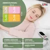 A woman sleeping on a bed with a graphic overlay showing product dimensions and features. Produktbild-Vorschau