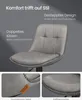 A close-up marketing image of a gray bar stool, highlighting its features with text overlays. Produktbild-Vorschau