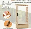 A wooden planter with an arbor structure, set against a blurred forest background, with various feature callouts. Produktbild-Vorschau