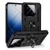 A black protective phone case with a ring holder is displayed from multiple angles against a white background. Produktbild-Vorschau
