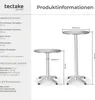 Product information and dimensions for a bar table. Náhled obrázku produktu