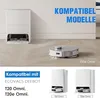 A white charging station and a robot vacuum cleaner on a light wood floor, with text overlays indicating compatibility. Produktbild-Vorschau