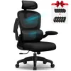 A black ergonomic office chair with blue air flow graphics on the backrest and lumbar support, shown on a white background. A small graphic in the upper right corner shows a red bow and several sets of black casters. Voir les images du produit