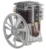 A silver and black air compressor pump head with a large fan wheel attached. Voir les images du produit