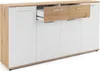 A white and wood-tone sideboard with one drawer pulled out, shown against a white background. Produktbild-Vorschau