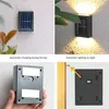 Collage showing a solar outdoor lamp in different stages: charging during the day, lighting up at night, and installation. Náhľad obrázku produktu