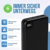 A black power bank is shown with several safety features listed on the left side of the image. The power bank displays '100%' charge on its LED screen. Voir les images du produit