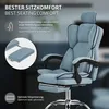 A close-up marketing image of a blue ergonomic office chair with text overlays highlighting its features. Produktbild-Vorschau