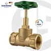 A brass valve with a green handle, presented against a light gray and white background with logos and text. Anteprima dell’immagine prodotto
