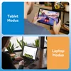 A split image showing a person using a tablet in tablet mode and another person using a tablet with a keyboard and mouse in laptop mode. Produktbild-Vorschau