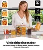 A woman is presenting a set of glass storage jars filled with various food items, with text overlays highlighting product features and uses. Voir les images du produit