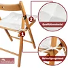 A close-up view of a wooden folding chair with a white seat cushion, highlighting features with numbered callouts and text. Produktbild-Vorschau