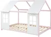A children's house-shaped bed frame with a pink and white color scheme, shown from a side angle. Produktbild-Vorschau