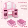 A pink children's vanity table with a tri-fold mirror and storage drawers, along with dimensions and specifications. Two pink storage boxes are shown below. Náhled obrázku produktu