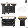 Multiple views and dimension diagrams of a black kitchen island with a wooden top. Produktbild-Vorschau