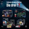 A collage of various "Die drei ???" branded products, including a detective case, puzzles, books, and a CD set, presented against a dark, atmospheric background with a spotlight effect. Voir les images du produit