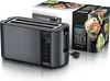 A gray Arendo toaster with two long slots is shown next to its packaging, which features images of toast. Voir les images du produit