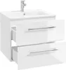 A white bathroom vanity with a sink and faucet, showing two open drawers. Podgląd zdjęcia produktu