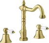 A three-hole faucet with a bronze finish and white ceramic handles, set against a white background. Podgląd zdjęcia produktu