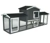 A long, multi-compartment outdoor rabbit hutch with a dark gray exterior, black roof, and white trim. Voir les images du produit