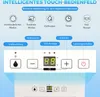 Diagram showing the touch control panel of a dehumidifier with labels for different functions. Produktbild-Vorschau