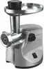 A stainless steel meat grinder with a black pusher and tray. Podgląd zdjęcia produktu