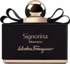 A black bottle of Salvatore Ferragamo Signorina Misteriosa perfume with gold accents and a black ribbon. Produktbild-Vorschau