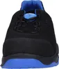 A close-up, front view of a black safety shoe with blue accents. Náhled obrázku produktu