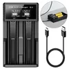 A battery charger with a USB cable and a close-up view of batteries being charged. Produktbild-Vorschau