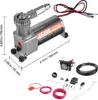 A VEVOR air compressor kit and its accessories are displayed on a white background, with dimensions indicated. Náhled obrázku produktu
