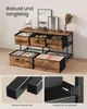 A SONGMICS kommode with fabric drawers, displayed in a room setting with decorative items on top and two fabric boxes on the bottom shelf. Close-up shots of the steel frame and drawer stopper are shown at the bottom. Produktbild-Vorschau