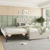 A bedroom scene with a beige upholstered bed frame and a pull-out trundle bed. Náhled obrázku produktu