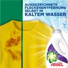 A split image showing a stained yellow t-shirt on the left and a clean yellow t-shirt on the right, with a bottle of Ariel Color+ detergent in the foreground. The background features text and abstract light effects. Produktbild-Vorschau