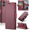 A collage of images showing a red leather phone case for a Samsung Galaxy A06. Produktbild-Vorschau