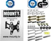 A collage of images showing a TV wall mount, its installation manual, and various hardware components, along with certification logos. Produktbild-Vorschau
