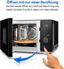 A microwave oven with its door open, showing a pizza inside, and a hand pressing a button on the control panel. Produktbild-Vorschau