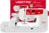 A white and red sewing machine is shown in front of a red background with the brand name and product name. There is also an app download icon and text. Produktbild-Vorschau