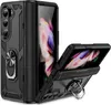 A black protective case for a foldable smartphone is shown, with the phone partially open. Produktbild-Vorschau