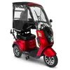 A red three-wheeled electric scooter with a roof and weather protection is shown against a white background. Produktbild-Vorschau