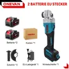 A product image showing an angle grinder, batteries, charger, and accessories, with text labels indicating the items and quantities. Voir les images du produit