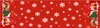 A red table runner with a repeating pattern of white snowflakes and gnomes holding gifts and Christmas trees. Náhled obrázku produktu