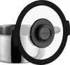 A close-up view of a stainless steel pot with a glass lid. Voir les images du produit