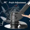 A close-up view of a grass trimmer head with a finger pressing a button to adjust the angle. Produktbild-Vorschau