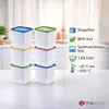A product image showing stacked food storage containers with feature callouts. Produktbild-Vorschau