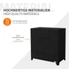 A black metal cabinet with four doors, presented with text overlays highlighting its high-quality materials and included mounting hardware. Náhled obrázku produktu