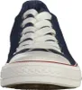 A close-up front view of a navy blue canvas sneaker with white laces and a white rubber sole. Produktbild-Vorschau
