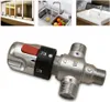 A collage of bathroom and kitchen scenes, with a close-up of a thermostatic mixing valve. Produktbild-Vorschau
