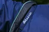 A close-up of a blue horse blanket with a green and white trim, showing the brand logo. Produktbild-Vorschau