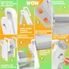 A collage of images showing the features of a white children's step stool. The images are divided into numbered sections with German text highlighting different aspects like safety, stability, and ease of use. Produktbild-Vorschau